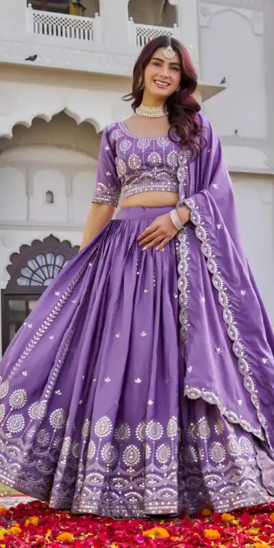 Ram 154 Lavender Color Crap Silk Lehenga Choli with Embroidery Work. Now at just ₹2549. Delivery 4-6 Working Days. Shop now. | Bollywood Lehenga, Creative Lehenga, Designer Lehenga, Embroidered Lehenga, Lehenga, Party Wear Lehenga