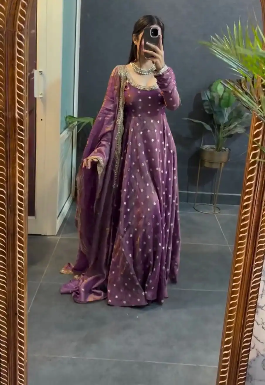 KD 1565 Lavender Fendy Silk Gown. Perfect for Wedding, Party, Reception, Temple Visit, Cultural Events – Festive Deal ₹2099. Delivery 4-6 Working | Bollywood Gowns, Creative Gowns, Designer Gowns, Embroidered Gowns, Gowns, Party Wear Gowns