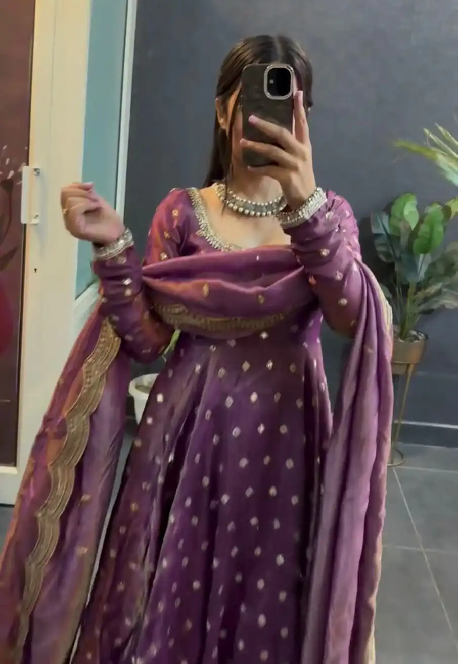 KD 1565 Lavender Fendy Silk Gown. Perfect for Wedding, Party, Reception, Temple Visit, Cultural Events – Festive Deal ₹2099. Delivery 4-6 Working | Bollywood Gowns, Creative Gowns, Designer Gowns, Embroidered Gowns, Gowns, Party Wear Gowns