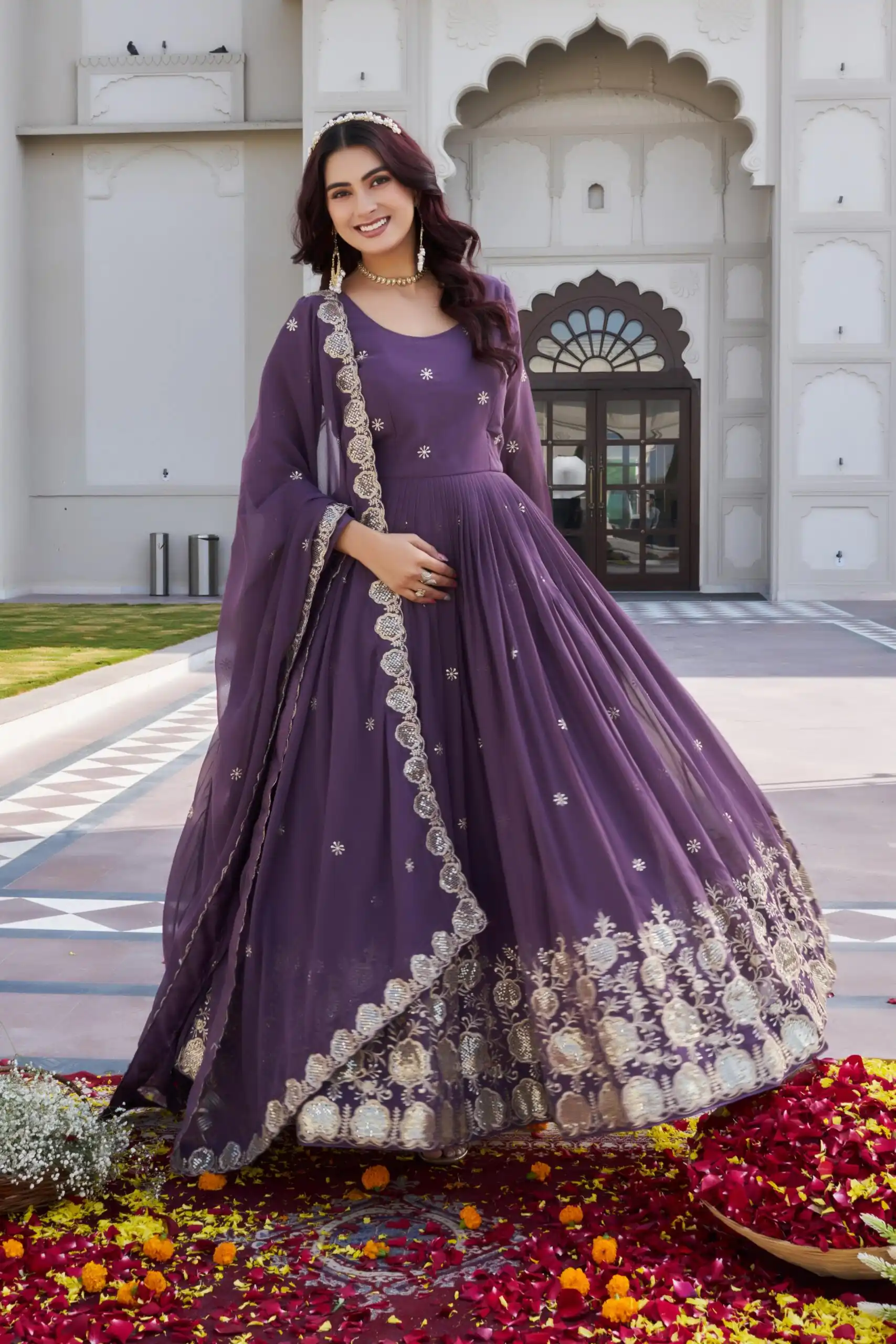 Ram 0153 Lavender in Fox Georgette. Embroidery Work Gown Wedding, Party, Festive, Events Get it for ₹2049. Delivery 4-6 Working Days. Shop now. | Bollywood Gowns, Creative Gowns, Designer Gowns, Embroidered Gowns, Gowns, Party Wear Gowns