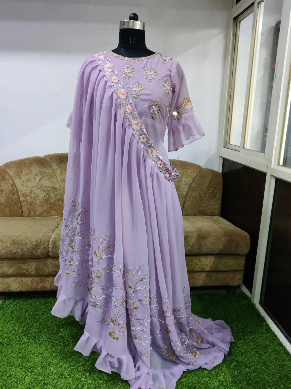 KT 190 Lavender in Georgette. Mirror Work & Lace Work Gown Wedding, Party, Festive, Events, Now at just ₹1949. Delivery 4-6 Working Days. Shop now. | Bollywood Gowns, Creative Gowns, Designer Gowns, Embroidered Gowns, Gowns, Party Wear Gowns