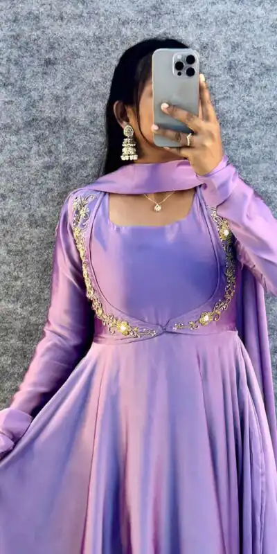 MF 888 Lavender Rangoli Silk Gown with Lace Border & Lace Work. Available at ₹1649 only. Delivery 4-6 Working Days. Shop now. | Bollywood Gowns, Creative Gowns, Designer Gowns, Embroidered Gowns, Gowns, Party Wear Gowns