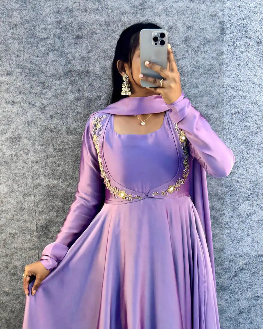 MF 888 Lavender Rangoli Silk Gown with Lace Border & Lace Work. Available at ₹1649 only. Delivery 4-6 Working Days. Shop now. | Bollywood Gowns, Creative Gowns, Designer Gowns, Embroidered Gowns, Gowns, Party Wear Gowns
