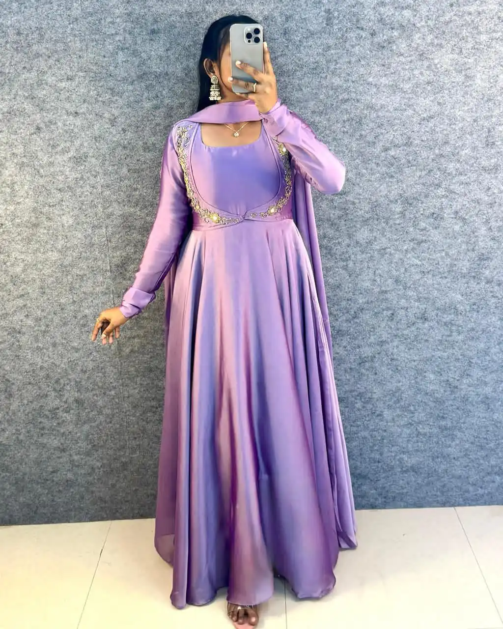 MF 888 Lavender Rangoli Silk Gown with Lace Border & Lace Work. Available at ₹1649 only. Delivery 4-6 Working Days. Shop now. | Bollywood Gowns, Creative Gowns, Designer Gowns, Embroidered Gowns, Gowns, Party Wear Gowns