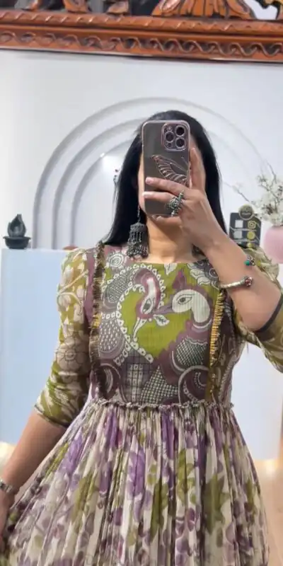 PC 540 Mahendi Color Cota checks Gown with Kalamkari Print. Wedding, Party, Festive Introductory Price ₹1849. Delivery 4-6 Working Days. Shop now. | Bollywood Gowns, Creative Gowns, Designer Gowns, Embroidered Gowns, Gowns, Party Wear Gowns