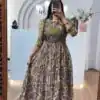 PC 540 Mahendi Color Cota checks Gown with Kalamkari Print. Wedding, Party, Festive Introductory Price ₹1849. Delivery 4-6 Working Days. Shop now. | Bollywood Gowns, Creative Gowns, Designer Gowns, Embroidered Gowns, Gowns, Party Wear Gowns