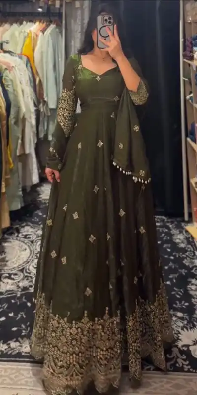 KD 1564 Mahendi Fendy Silk Gown Perfect for Wedding, Party, Durga Puja, Festival Celebrations, Ganesh Chaturthi – . Best Price ₹2399. Delivery 4-6 Wor | Bollywood Gowns, Creative Gowns, Designer Gowns, Embroidered Gowns, Gowns, Party Wear Gowns