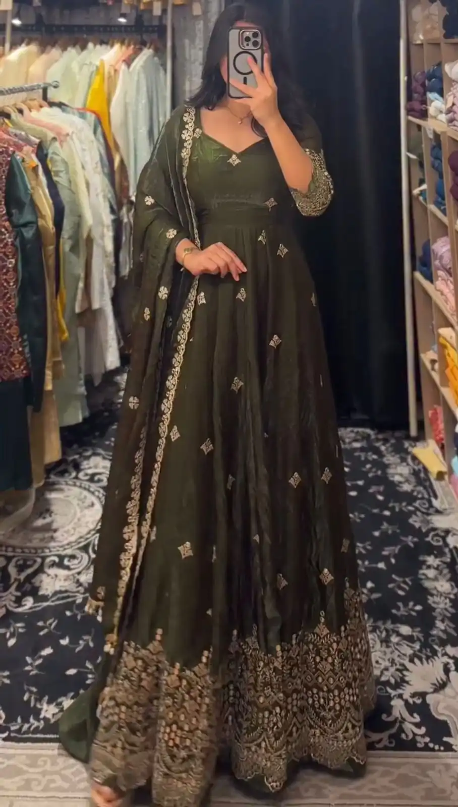 KD 1564 Mahendi Fendy Silk Gown Perfect for Wedding, Party, Durga Puja, Festival Celebrations, Ganesh Chaturthi – . Best Price ₹2399. Delivery 4-6 Wor | Bollywood Gowns, Creative Gowns, Designer Gowns, Embroidered Gowns, Gowns, Party Wear Gowns