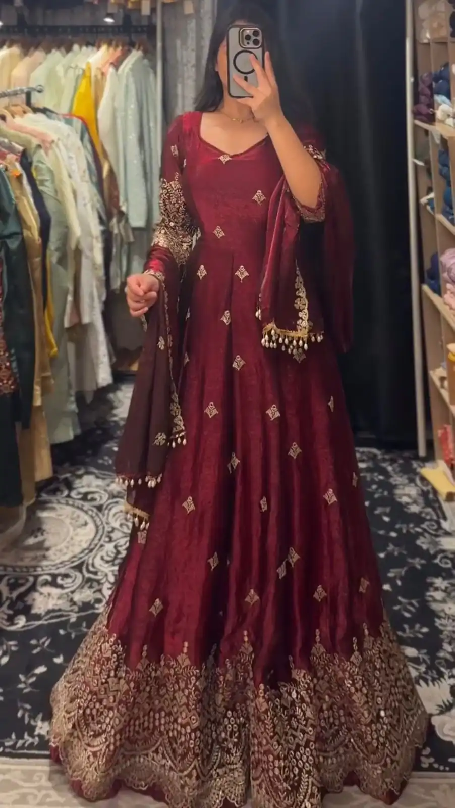 KD 1564 Maroon Fendy Silk Gown Perfect for Wedding, Party, Durga Puja, Festival Celebrations, Ganesh Chaturthi – . Best Price ₹2399. Delivery 4-6 Wor | Bollywood Gowns, Creative Gowns, Designer Gowns, Embroidered Gowns, Gowns, Party Wear Gowns