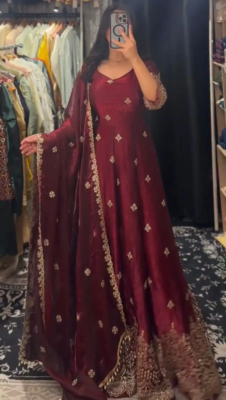 KD 1564 Maroon Fendy Silk Gown Perfect for Wedding, Party, Durga Puja, Festival Celebrations, Ganesh Chaturthi – . Best Price ₹2399. Delivery 4-6 Wor | Bollywood Gowns, Creative Gowns, Designer Gowns, Embroidered Gowns, Gowns, Party Wear Gowns