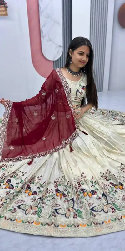 PC 491 Maroon Tissue Silk Lehenga Choli with Lace Work & Cut Work. Wedding, Party, Festive, Events Only 3249 Delivery 4-6 Working Days. Shop now. | Bollywood Lehenga, Creative Lehenga, Designer Lehenga, Embroidered Lehenga, Lehenga, Party Wear Lehenga