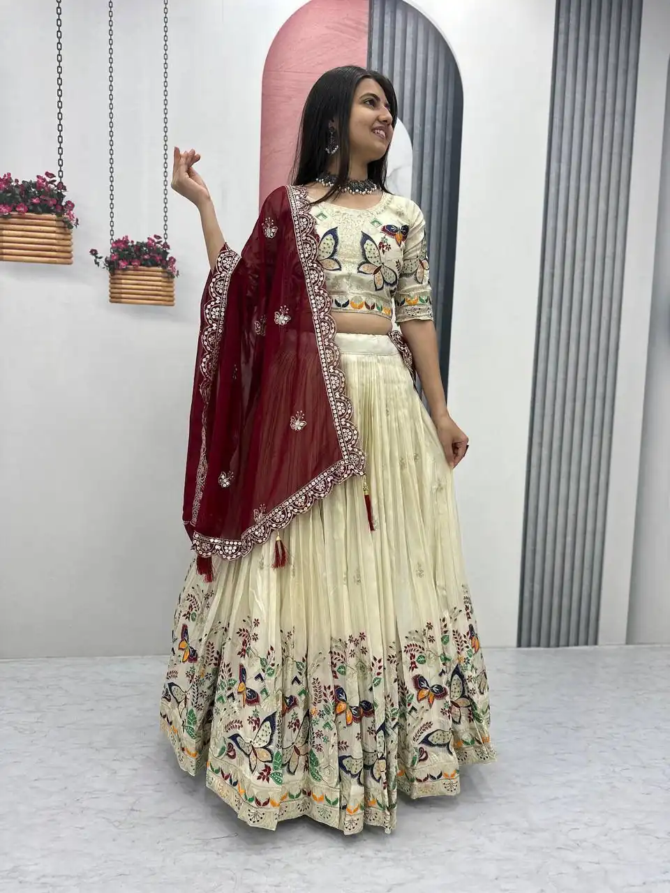 PC 491 Maroon Tissue Silk Lehenga Choli with Lace Work & Cut Work. Wedding, Party, Festive, Events Only 3249 Delivery 4-6 Working Days. Shop now. | Bollywood Lehenga, Creative Lehenga, Designer Lehenga, Embroidered Lehenga, Lehenga, Party Wear Lehenga