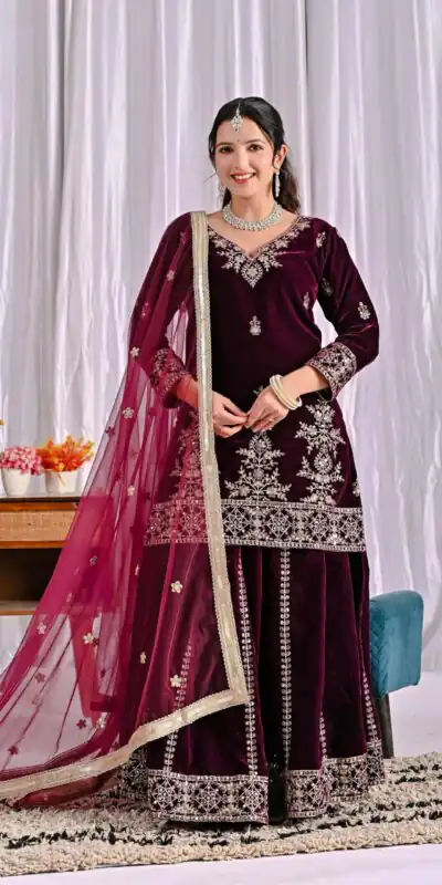 ND 5052 Maroon Viscous Velvet Salwar Suit Perfect for Wedding, Party, Reception, Eid, Temple Visit – . Introductory Price ₹2149. Delivery 4-6 Working | Casual Suits, Jump Suits, Creative suits, Designer Suits, Palazzo Suits, Party Wear Suits, Patiala Suits, Salwar suit, Straight Suits
