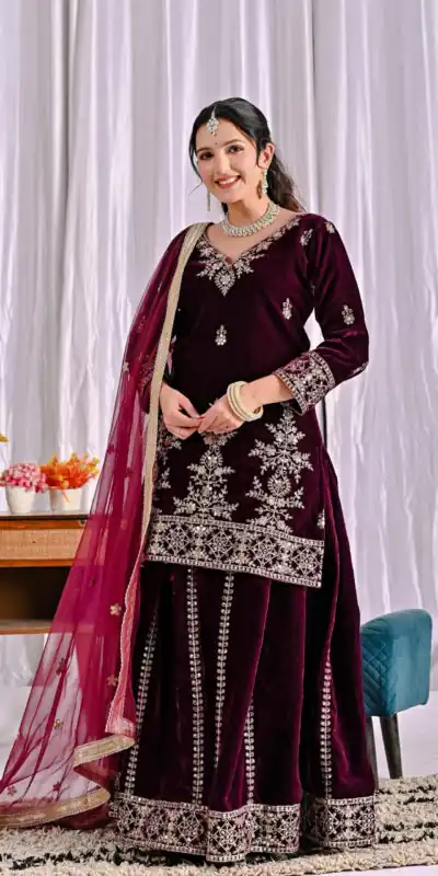 ND 5052 Maroon Viscous Velvet Salwar Suit Perfect for Wedding, Party, Reception, Eid, Temple Visit – . Introductory Price ₹2149. Delivery 4-6 Working | Casual Suits, Jump Suits, Creative suits, Designer Suits, Palazzo Suits, Party Wear Suits, Patiala Suits, Salwar suit, Straight Suits