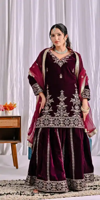 ND 5052 Maroon Viscous Velvet Salwar Suit Perfect for Wedding, Party, Reception, Eid, Temple Visit – . Introductory Price ₹2149. Delivery 4-6 Working | Casual Suits, Jump Suits, Creative suits, Designer Suits, Palazzo Suits, Party Wear Suits, Patiala Suits, Salwar suit, Straight Suits