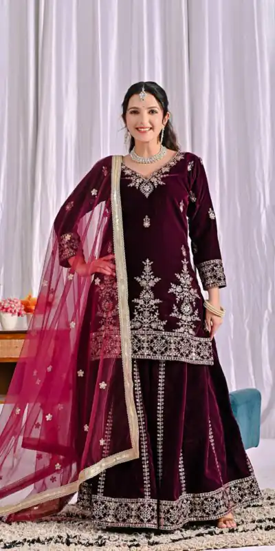 ND 5052 Maroon Viscous Velvet Salwar Suit Perfect for Wedding, Party, Reception, Eid, Temple Visit – . Introductory Price ₹2149. Delivery 4-6 Working | Casual Suits, Jump Suits, Creative suits, Designer Suits, Palazzo Suits, Party Wear Suits, Patiala Suits, Salwar suit, Straight Suits