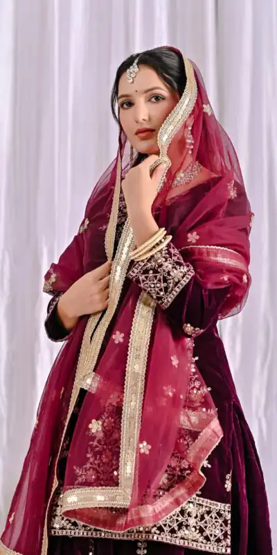 ND 5052 Maroon Viscous Velvet Salwar Suit Perfect for Wedding, Party, Reception, Eid, Temple Visit – . Introductory Price ₹2149. Delivery 4-6 Working | Casual Suits, Jump Suits, Creative suits, Designer Suits, Palazzo Suits, Party Wear Suits, Patiala Suits, Salwar suit, Straight Suits