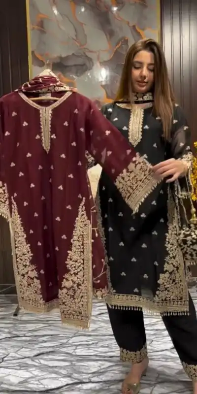 LG 2059 Maroon Color Zimmy Choo Salwar Suit with Embroidery Work. Wedding, Party, Festive, Events, Grab it for ₹2399. Delivery 4-6 Working Days. Shop now. | Casual Suits, Jump Suits, Creative suits, Designer Suits, Palazzo Suits, Party Wear Suits, Patiala Suits, Salwar suit, Straight Suits