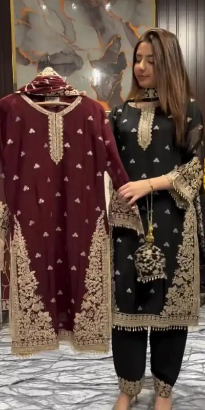 LG 2059 Maroon Color Zimmy Choo Salwar Suit with Embroidery Work. Wedding, Party, Festive, Events, Grab it for ₹2399. Delivery 4-6 Working Days. Shop now. | Casual Suits, Jump Suits, Creative suits, Designer Suits, Palazzo Suits, Party Wear Suits, Patiala Suits, Salwar suit, Straight Suits