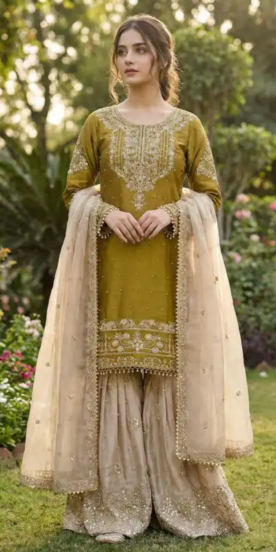 SR 1694 Mustered Organza Silk Salwar Suit with Embroidery Work & Lace Work. Exclusive Offer ₹1999. Delivery 4-6 Working Days. Shop now. | Casual Suits, Jump Suits, Creative suits, Designer Suits, Palazzo Suits, Party Wear Suits, Patiala Suits, Salwar suit, Straight Suits
