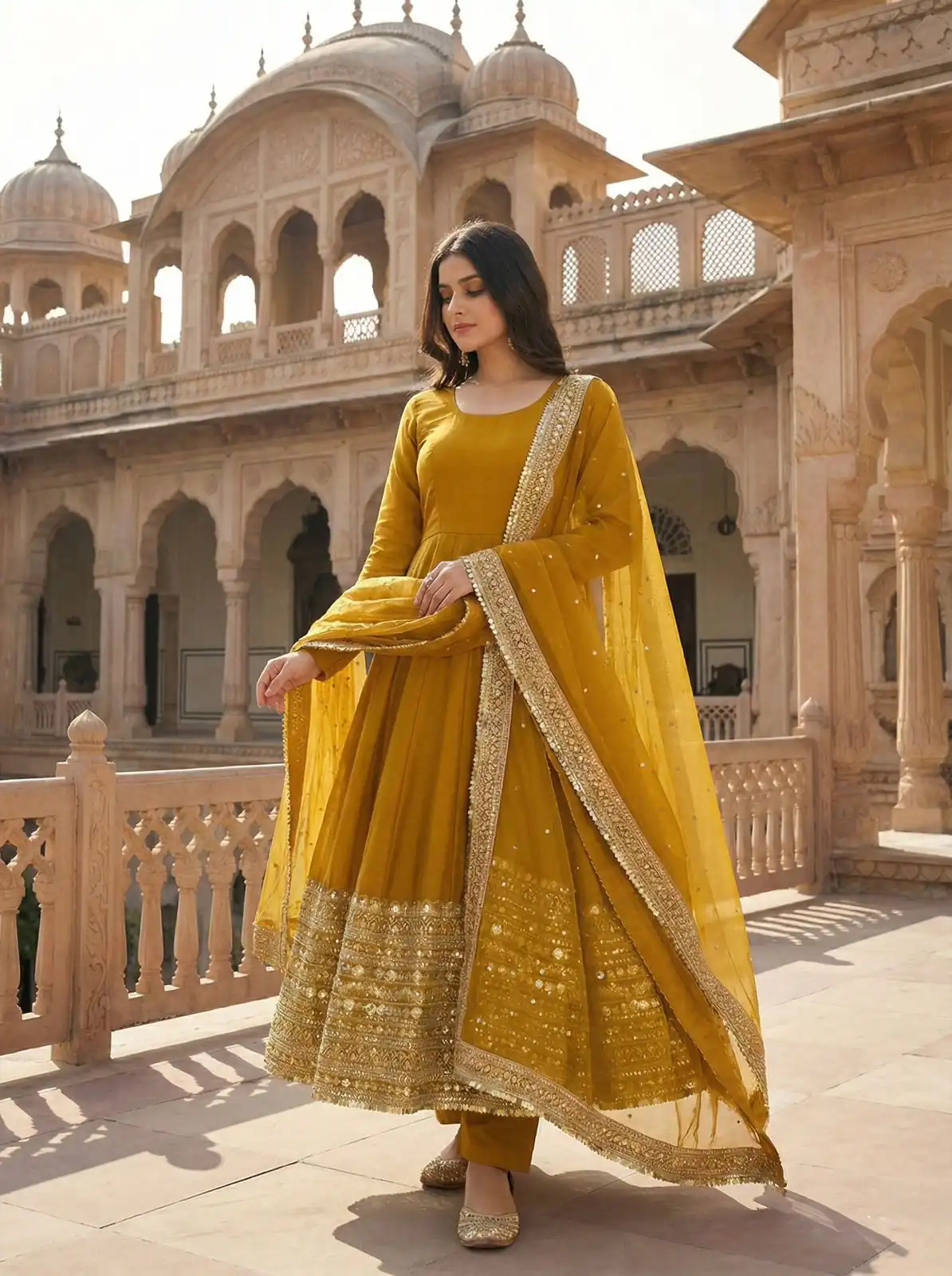 ZSR 3152 Mustered Color Roman silk Gown with Embroidery Work & Lace Work. Grab it for ₹2599. Delivery 4-6 Working Days. Shop now. | Bollywood Gowns, Creative Gowns, Designer Gowns, Embroidered Gowns, Gowns, Party Wear Gowns
