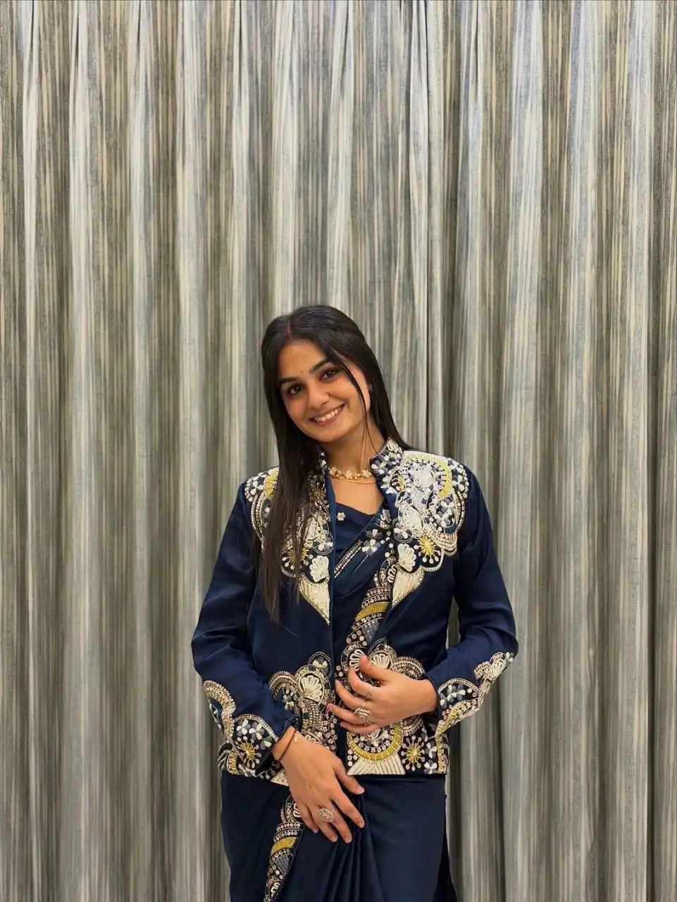 BB 60 Navy Blue Crap Silk Saree with Embroidery Work. Wedding, Party, Festive, Events Festive Deal ₹2099. Delivery 4-6 Working Days. Shop now. | Creative Sarees, Bollywood Sarees, Designer Sarees, Embroidered Sarees, Ethnic Saree, Modern Digital sarees, Party Wear Sarees, Sarees