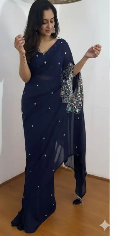 ST 1157 Navy Blue in Faux Georgette Mirror Work & Embroidery Work Saree. Festive Deal ₹1899. Delivery 4-6 Working Days. Shop now. | Creative Sarees, Bollywood Sarees, Designer Sarees, Embroidered Sarees, Ethnic Saree, Modern Digital sarees, Party Wear Sarees, Sarees