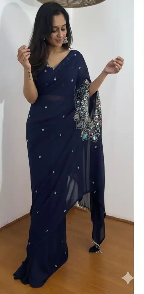 ST 1157 Navy Blue in Faux Georgette Mirror Work & Embroidery Work Saree. Festive Deal ₹1899. Delivery 4-6 Working Days. Shop now. | Creative Sarees, Bollywood Sarees, Designer Sarees, Embroidered Sarees, Ethnic Saree, Modern Digital sarees, Party Wear Sarees, Sarees