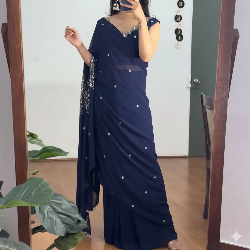 ST 1157 Navy Blue in Faux Georgette Mirror Work & Embroidery Work Saree. Festive Deal ₹1899. Delivery 4-6 Working Days. Shop now. | Creative Sarees, Bollywood Sarees, Designer Sarees, Embroidered Sarees, Ethnic Saree, Modern Digital sarees, Party Wear Sarees, Sarees
