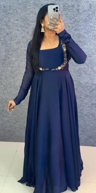 MF 888 Navy Blue Rangoli Silk Gown with Lace Border & Lace Work. Available at ₹1649 only. Delivery 4-6 Working Days. Shop now. | Bollywood Gowns, Creative Gowns, Designer Gowns, Embroidered Gowns, Gowns, Party Wear Gowns