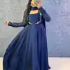MF 888 Navy Blue Rangoli Silk Gown with Lace Border & Lace Work. Available at ₹1649 only. Delivery 4-6 Working Days. Shop now. | Bollywood Gowns, Creative Gowns, Designer Gowns, Embroidered Gowns, Gowns, Party Wear Gowns
