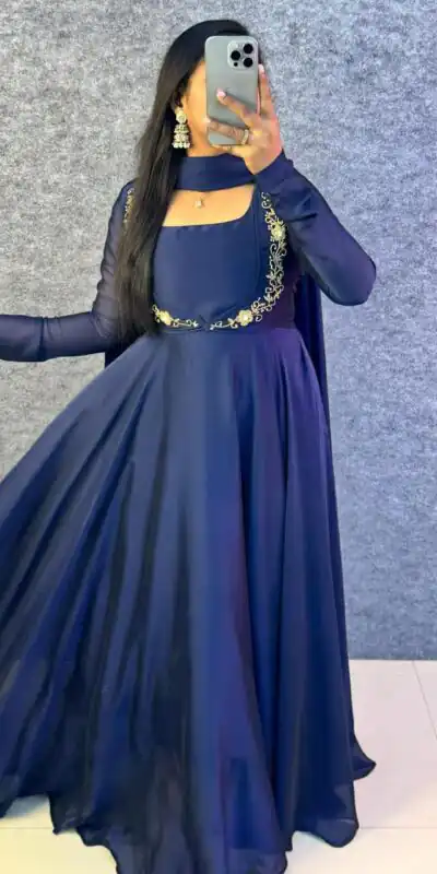 MF 888 Navy Blue Rangoli Silk Gown with Lace Border & Lace Work. Available at ₹1649 only. Delivery 4-6 Working Days. Shop now. | Bollywood Gowns, Creative Gowns, Designer Gowns, Embroidered Gowns, Gowns, Party Wear Gowns