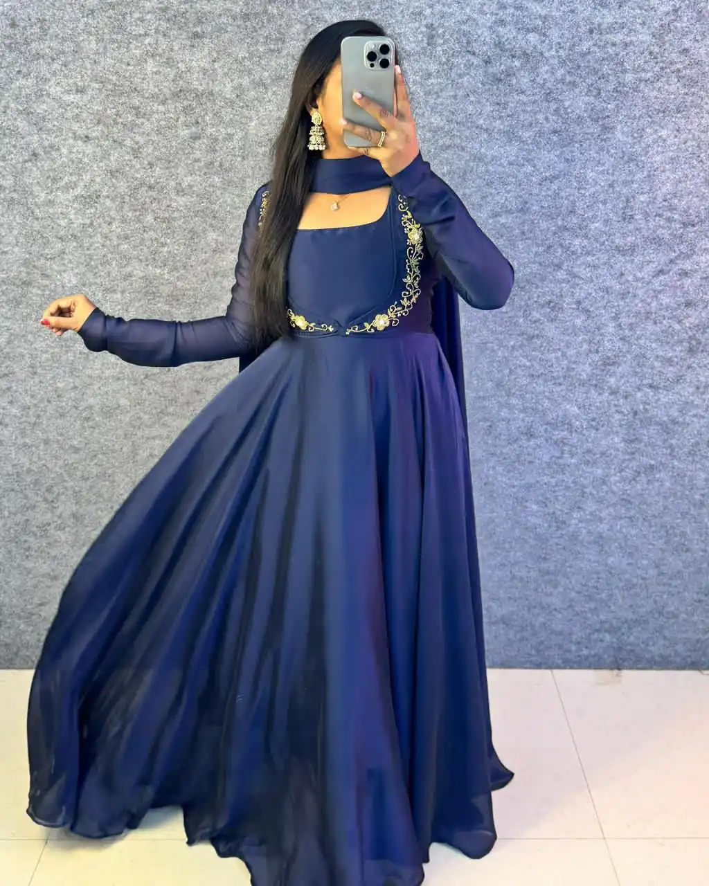 MF 888 Navy Blue Rangoli Silk Gown with Lace Border & Lace Work. Available at ₹1649 only. Delivery 4-6 Working Days. Shop now. | Bollywood Gowns, Creative Gowns, Designer Gowns, Embroidered Gowns, Gowns, Party Wear Gowns