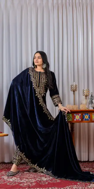 AD 089 Navy Blue Viscose Velvet Salwar Suit with Embroidery Work. Affordable Price ₹1999. Delivery 4-6 Working Days. Shop now. | Casual Suits, Jump Suits, Creative suits, Designer Suits, Palazzo Suits, Party Wear Suits, Patiala Suits, Salwar suit, Straight Suits