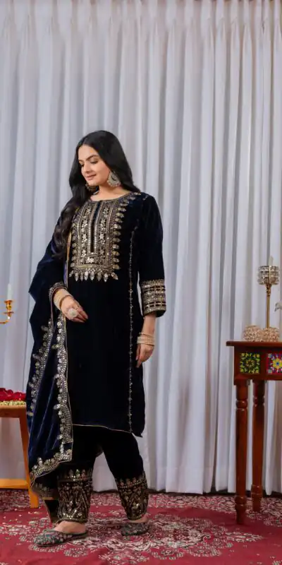 AD 089 Navy Blue Viscose Velvet Salwar Suit with Embroidery Work. Affordable Price ₹1999. Delivery 4-6 Working Days. Shop now. | Casual Suits, Jump Suits, Creative suits, Designer Suits, Palazzo Suits, Party Wear Suits, Patiala Suits, Salwar suit, Straight Suits