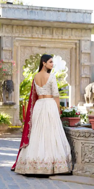 LNB 1411 Off White Vichitra Silk Lehenga Choli Perfect for Wedding, Party, Festival Celebrations, Ethnic Day, Durga Puja – . Available at ₹3499 on | Bollywood Lehenga, Creative Lehenga, Designer Lehenga, Embroidered Lehenga, Lehenga, Party Wear Lehenga