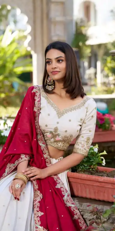 LNB 1411 Off White Vichitra Silk Lehenga Choli Perfect for Wedding, Party, Festival Celebrations, Ethnic Day, Durga Puja – . Available at ₹3499 on | Bollywood Lehenga, Creative Lehenga, Designer Lehenga, Embroidered Lehenga, Lehenga, Party Wear Lehenga