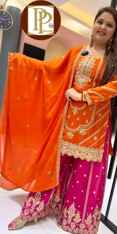 ND 5033 Orange Chinon Silk Salwar Suit with Embroidery Work & Lace Work. Affordable Price ₹2149. Delivery 4-6 Working Days. Shop now. | Casual Suits, Jump Suits, Creative suits, Designer Suits, Palazzo Suits, Party Wear Suits, Patiala Suits, Salwar suit, Straight Suits