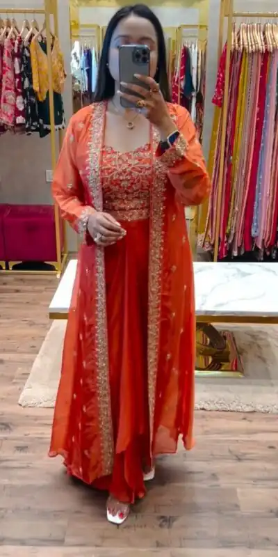 BB 56 Orange Chinon Silk Dhoti Suit with Embroidery Work & Sequins Work. Grab it for ₹1899. Delivery 4-6 Working Days. Shop now. | Casual Suits, Jump Suits, Creative suits, Designer Suits, Palazzo Suits, Party Wear Suits, Patiala Suits, Salwar suit, Straight Suits