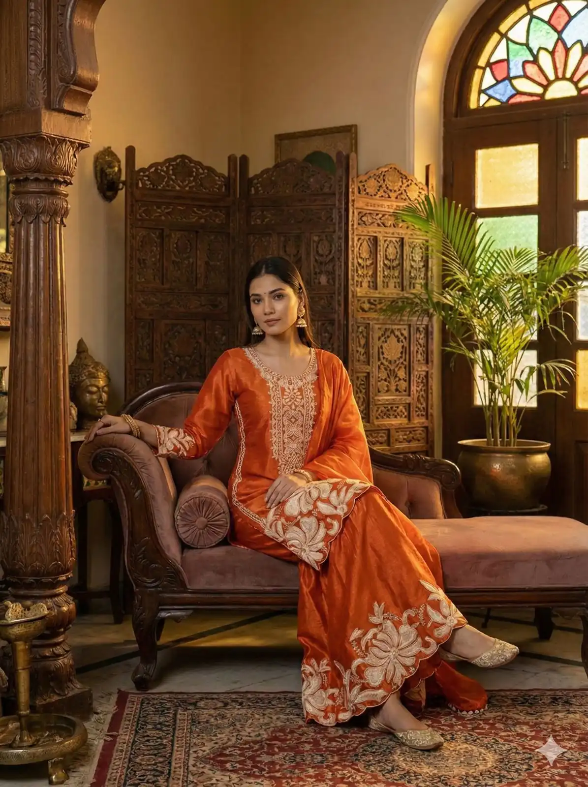 BE 442 Orange Organza Silk Salwar Suit with Embroidery Work & Cowrie Work. Grab it for ₹2049. Delivery 4-6 Working Days. Shop now. | Casual Suits, Jump Suits, Creative suits, Designer Suits, Palazzo Suits, Party Wear Suits, Patiala Suits, Salwar suit, Straight Suits