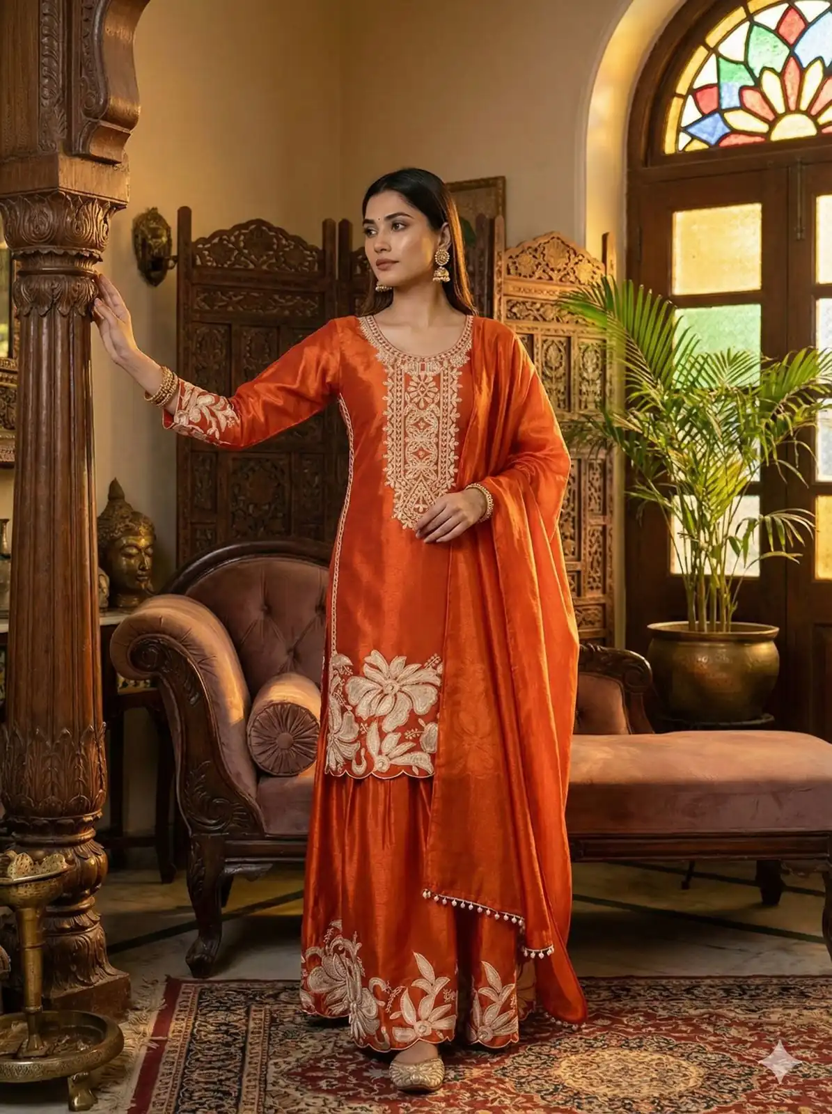 BE 442 Orange Organza Silk Salwar Suit with Embroidery Work & Cowrie Work. Grab it for ₹2049. Delivery 4-6 Working Days. Shop now. | Casual Suits, Jump Suits, Creative suits, Designer Suits, Palazzo Suits, Party Wear Suits, Patiala Suits, Salwar suit, Straight Suits