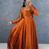 MF 888 Orange Rangoli Silk Gown with Lace Border & Lace Work. Available at ₹1649 only. Delivery 4-6 Working Days. Shop now. | Bollywood Gowns, Creative Gowns, Designer Gowns, Embroidered Gowns, Gowns, Party Wear Gowns