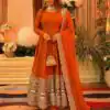 ZSR 3152 Orange Color Roman silk Gown with Embroidery Work & Lace Work. Grab it for ₹2599. Delivery 4-6 Working Days. Shop now. | Bollywood Gowns, Creative Gowns, Designer Gowns, Embroidered Gowns, Gowns, Party Wear Gowns