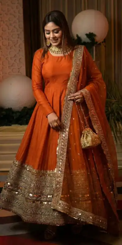 ZSR 3152 Orange Color Roman silk Gown with Embroidery Work & Lace Work. Grab it for ₹2599. Delivery 4-6 Working Days. Shop now. | Bollywood Gowns, Creative Gowns, Designer Gowns, Embroidered Gowns, Gowns, Party Wear Gowns
