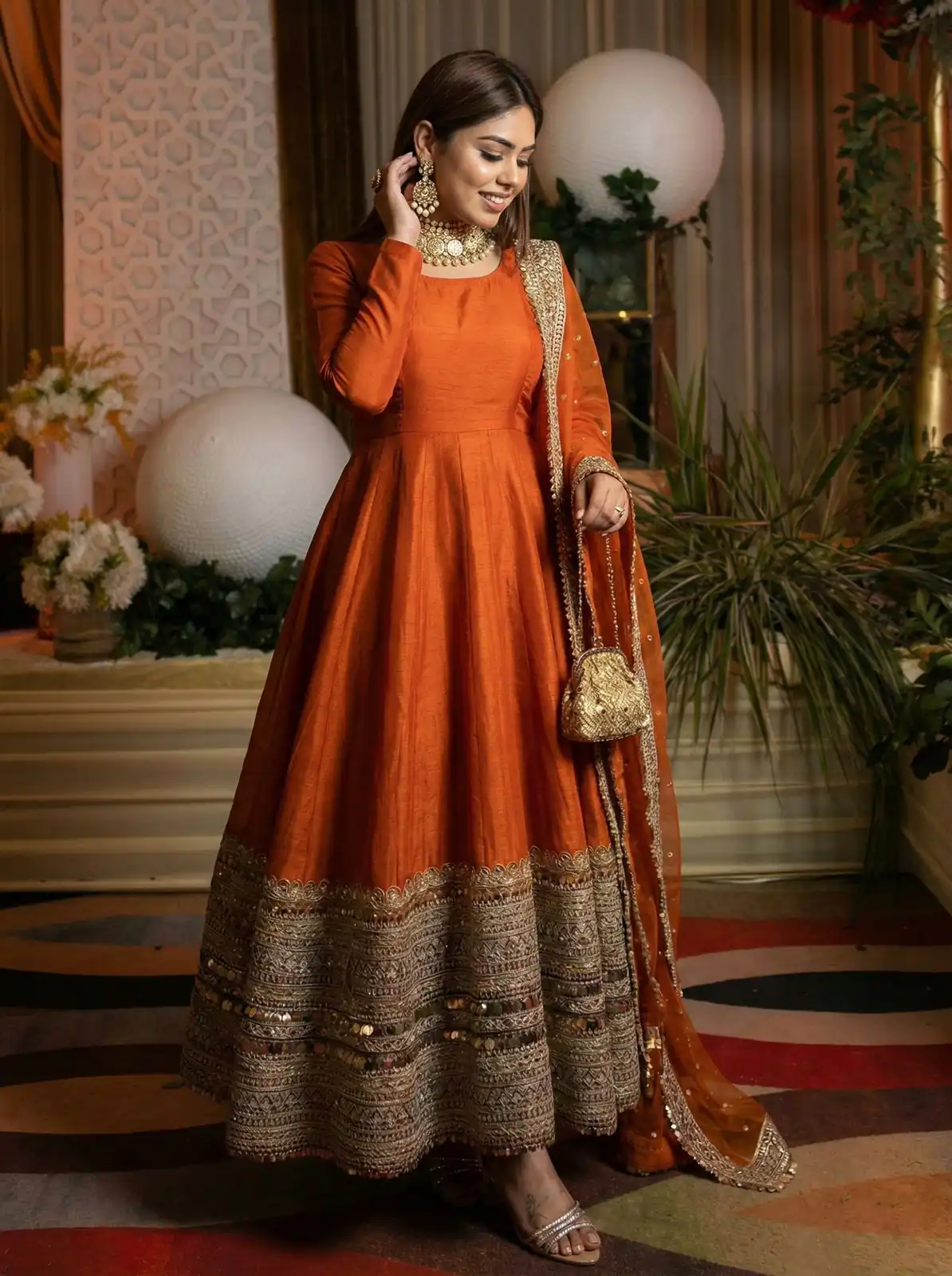 ZSR 3152 Orange Color Roman silk Gown with Embroidery Work & Lace Work. Grab it for ₹2599. Delivery 4-6 Working Days. Shop now. | Bollywood Gowns, Creative Gowns, Designer Gowns, Embroidered Gowns, Gowns, Party Wear Gowns