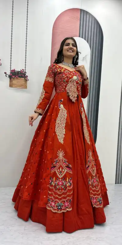 PC 528 Orange Vichitra Sequence Work Lehenga Choli Designer Work. Grab it for ₹2649. Delivery 4-6 Working Days. Shop now. | Bollywood Lehenga, Creative Lehenga, Designer Lehenga, Embroidered Lehenga, Lehenga, Party Wear Lehenga