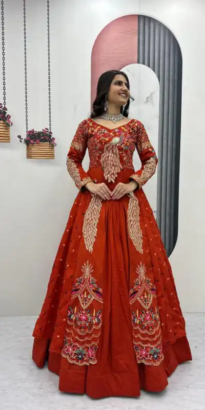 PC 528 Orange Vichitra Sequence Work Lehenga Choli Designer Work. Grab it for ₹2649. Delivery 4-6 Working Days. Shop now. | Bollywood Lehenga, Creative Lehenga, Designer Lehenga, Embroidered Lehenga, Lehenga, Party Wear Lehenga