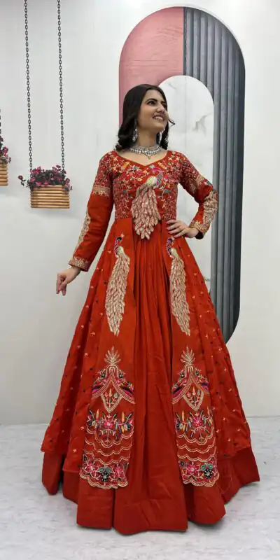 PC 528 Orange Vichitra Sequence Work Lehenga Choli Designer Work. Grab it for ₹2649. Delivery 4-6 Working Days. Shop now. | Bollywood Lehenga, Creative Lehenga, Designer Lehenga, Embroidered Lehenga, Lehenga, Party Wear Lehenga