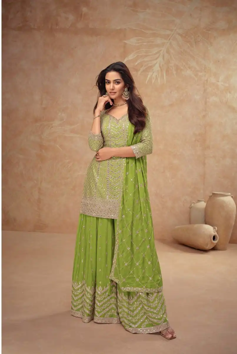 FC 7518 Parrot Green Chinon Salwar Suit Perfect for Wedding, Party, Diwali, Durga Puja, Temple Visit – . Festive Deal ₹3099. Delivery 4-6 Working Days. | Casual Suits, Jump Suits, Tops & Bottoms, Track Suits, Trendy Wear, Creative suits, Designer Suits, Palazzo Suits, Party Wear Suits, Patiala Suits, Salwar suit, Straight Suits