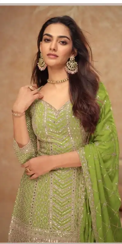 FC 7518 Parrot Green Chinon Salwar Suit Perfect for Wedding, Party, Diwali, Durga Puja, Temple Visit – . Festive Deal ₹3099. Delivery 4-6 Working Days. | Casual Suits, Jump Suits, Tops & Bottoms, Track Suits, Trendy Wear, Creative suits, Designer Suits, Palazzo Suits, Party Wear Suits, Patiala Suits, Salwar suit, Straight Suits